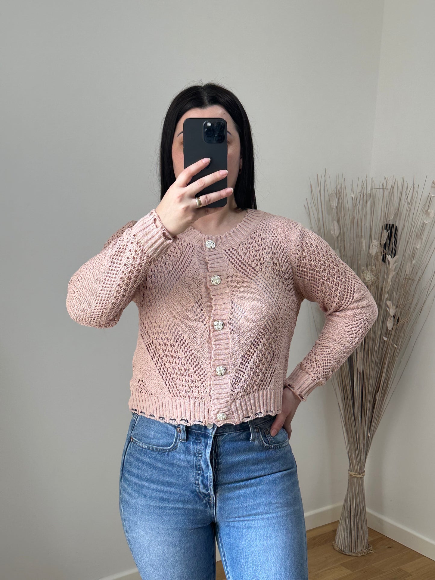 Gilet en crochet Chloé rose poudre